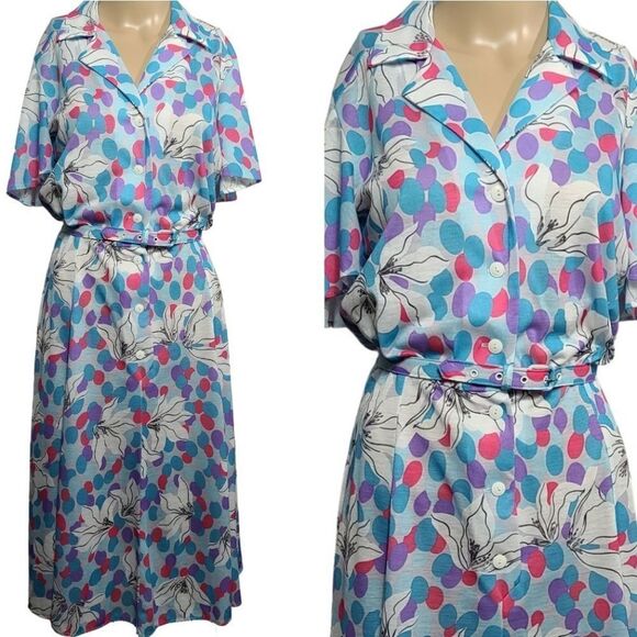 Vntg 80s Alicia Polka Dot Flower Dress - Picture 1 of 16